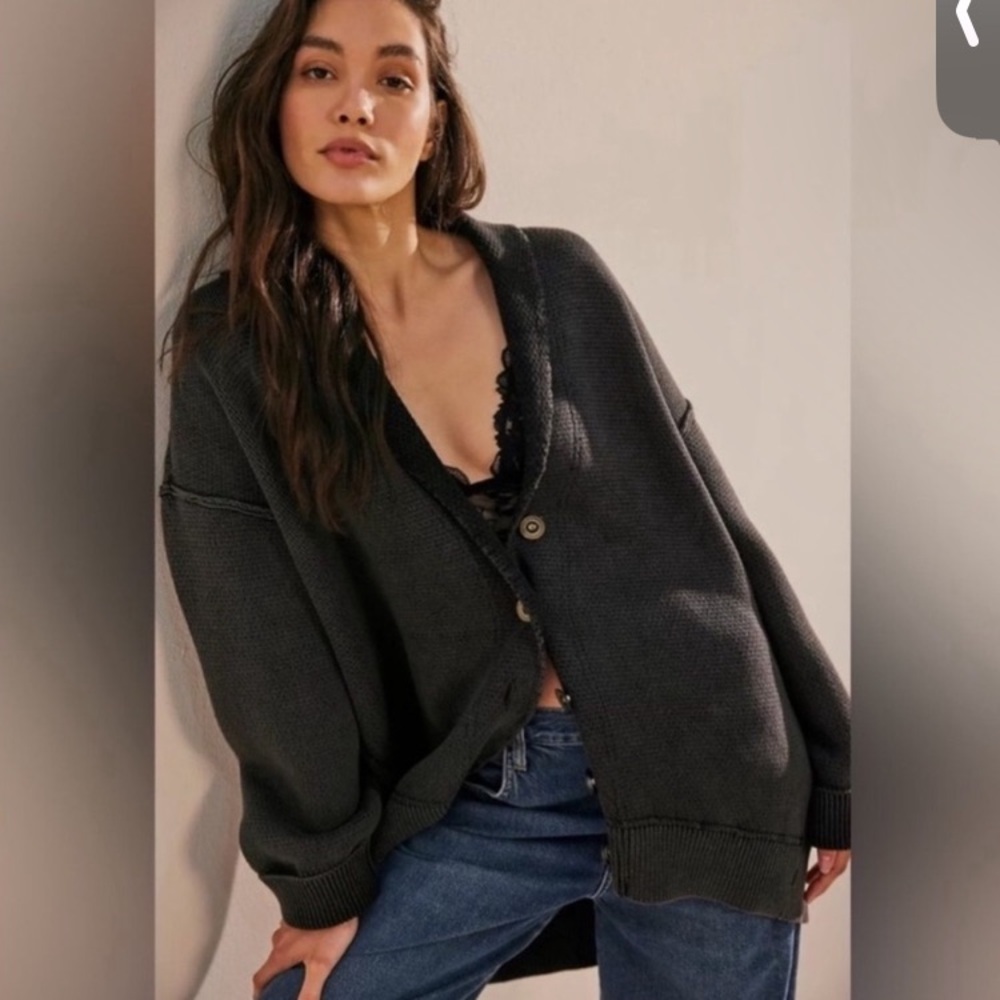 Free People Chamomile Cardi Oversized Button Up Cardigan Sweater Black Sz Large